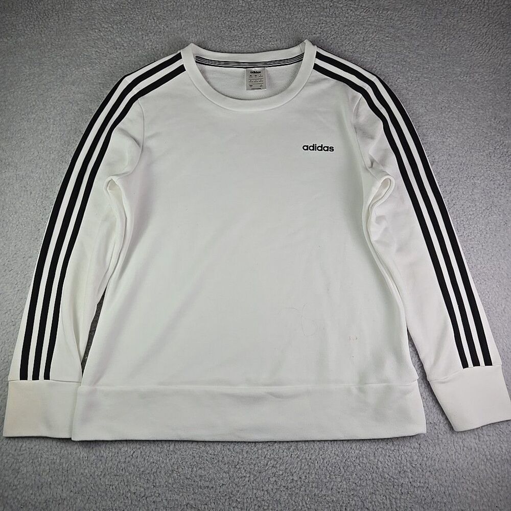 Adidas Crewneck Pullover Sweater Womens Size Medium White 3 Stripe Sleeves
